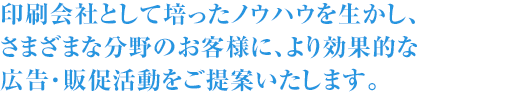 印刷会社として培ったノウハウを生かし、さまざまな分野のお客様に、より効果的な広告・販促活動をご提案いたします。